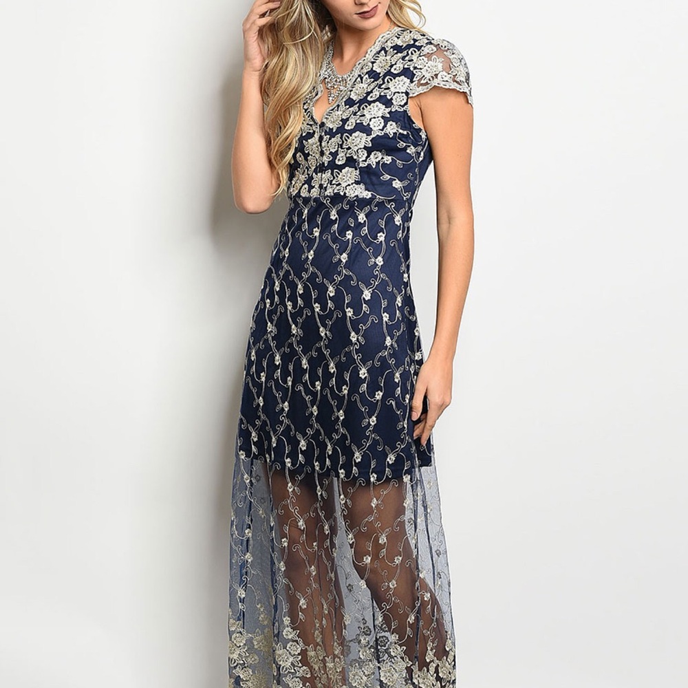 Forever Lily- Navy and Gold Floral Maxi Dress-L